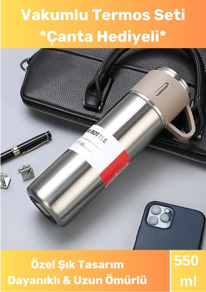 Çay Termosu 500ML 3 Bardaklı A+ Kalite Paslanmaz Çelik Kamp Termosu Çantalı Hediye