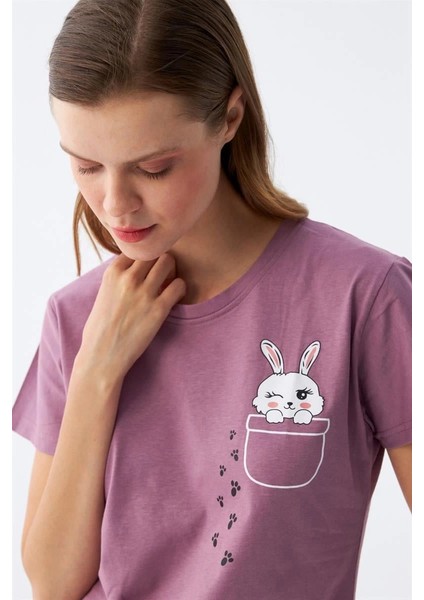 Kadın Mor Patili Tavşan Baskılı Cepli Pijama Takımı modelleri