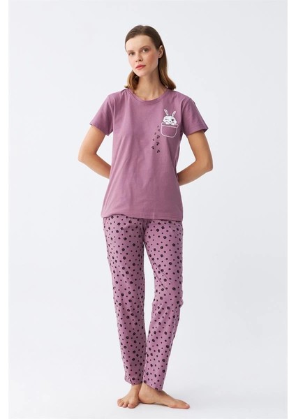 Kadın Mor Patili Tavşan Baskılı Cepli Pijama Takımı indirimleri