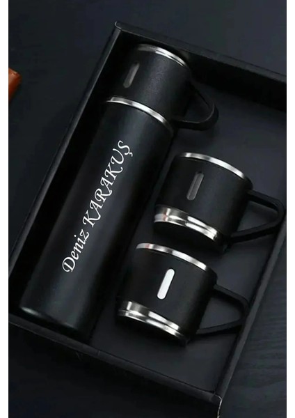 Kişiye Özel Paslanmaz Çelik Termos 3 Bardaklı Termos Seti Çanta Hediyeli