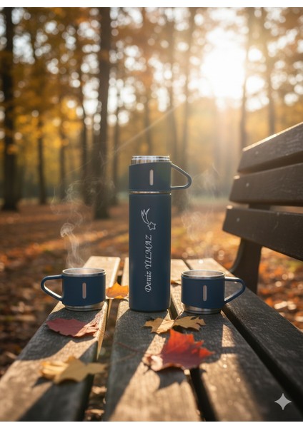 500ML 3 Bardaklı Termos Set Premium Kalite Paslanmaz Çelik Kahve Termosu Hediye Çantalı