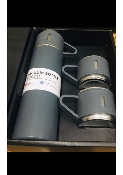 Paslanmaz Çelik Termos 3 Bardaklı Set Vakumlu Termos >550 ml Içecek Paslanmaz Çelik Siyah 12 Saat