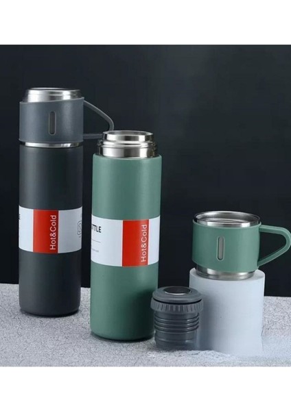 A+ Kalite Çelik Termos 500ML 3 Bardaklı Set Kahve Termosu Sıcak Tutan Termos Çantalı Hediye