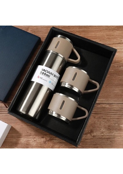 Çelik Termos 500ML 3 Bardaklı Sıcak Tutan Kahve Çay Termosu Premium A+ Kalite Çanta Hediye
