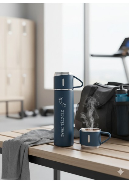 Çay Termosu 500ML 3 Bardaklı Premium Çelik Termos Kahve Termosu Sıcak Tutan Hediye Çantalı