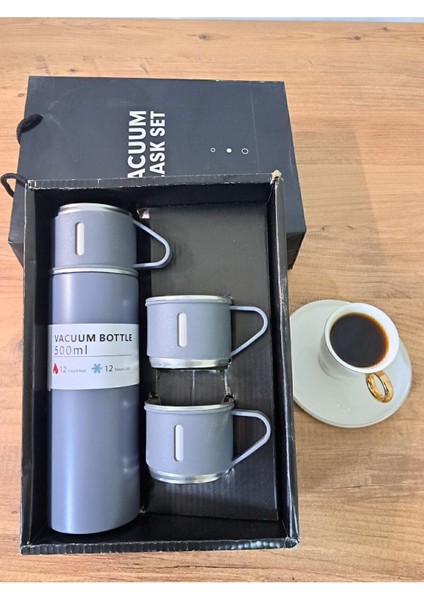 Özel Üretim Paslanmaz Çelik 3 Bardaklı Soğuk Sıcak Termos Vakumlu Termos Set Çanta Hediyeli 550 ml >