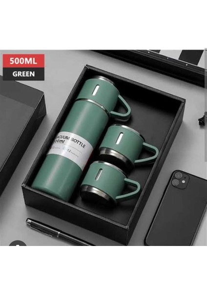 3 Bardaklı Termos Mug 450-550 ml Içecek Paslanmaz Çelik Gümüş 12 Saat