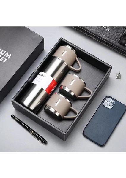 Hediyelik 3 Bardaklı Çelik Termos Seti 500 Ml. Vacuum Flask Set Karton Çantalı - Siyah Içecek 500 ml