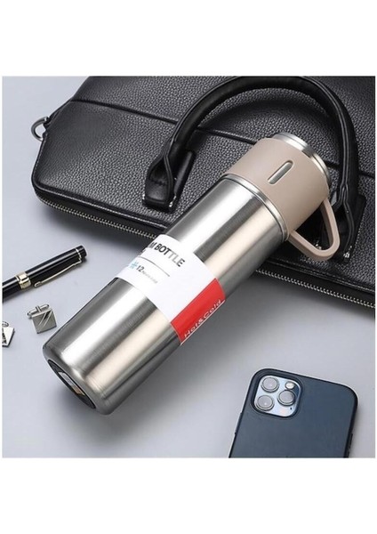 Hediyelik 3 Bardaklı Çelik Termos Seti 500 Ml. Vacuum Flask Set Karton Çantalı - Siyah Içecek 500 ml fırsatları