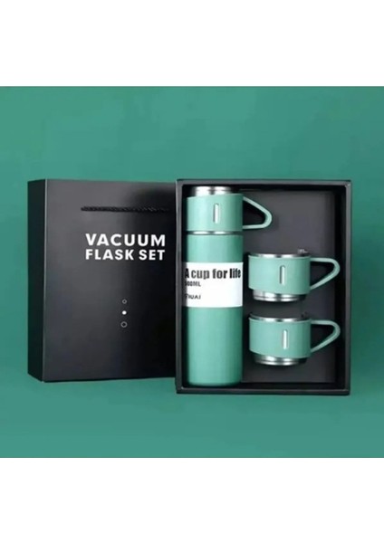 Paslanmaz Çelik Termos 2 Renk Seçeneği 3 Bardaklı 550 ml Termos Seti Vakumlu Termos Set >550 ml Pasl