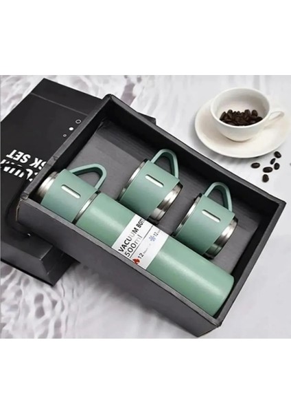 Paslanmaz Çelik Termos 2 Renk Seçeneği 3 Bardaklı 550 ml Termos Seti Vakumlu Termos Set >550 ml Pasl