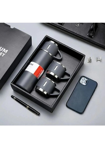 Paslanmaz Çelik Termos 4 Renk Seçeneği 3 Bardaklı Termos Seti Vakumlu Termos Set Çanta Hediyeli 350-