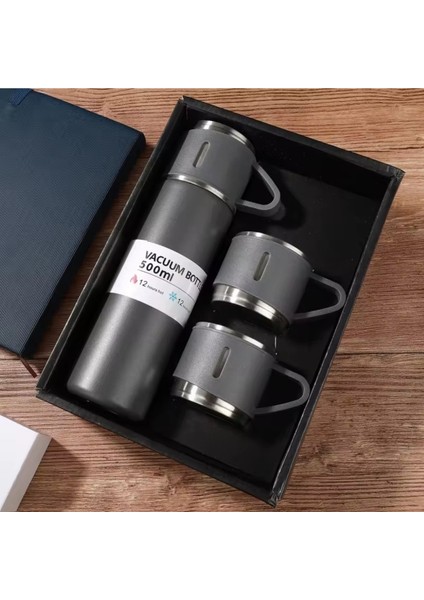 Seyahat Model Termos Siyah Renk 3 Bardaklı Termos Seti Vakumlu Termos Set >550 ml Içecek Paslanmaz Ç