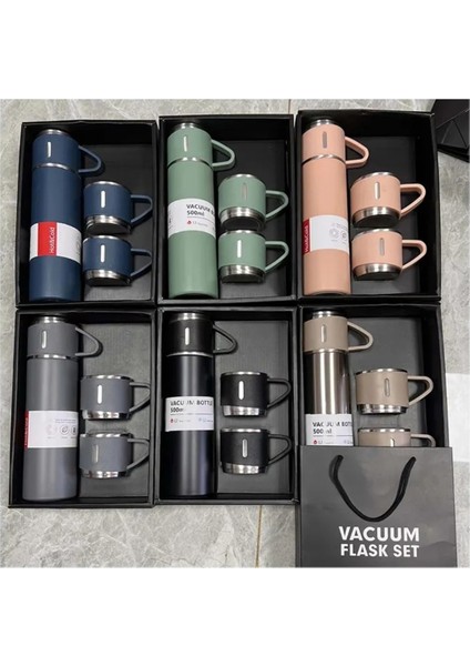 Seyahat Model Termos Siyah Renk 3 Bardaklı Termos Seti Vakumlu Termos Set >550 ml Içecek Paslanmaz Ç