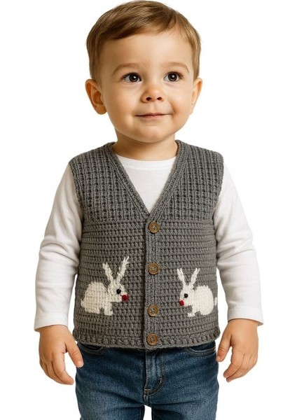 2153 El Örgüsü Tavşan Desenli Örgü Yelek - 1 - 3 Yaş