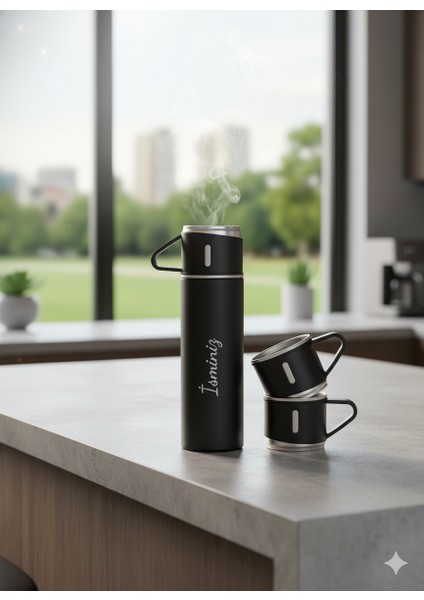 Su Termosu 500ML 3 Bardaklı A+ Kalite Paslanmaz Çelik Kahve Termosu Hediye Çantalı