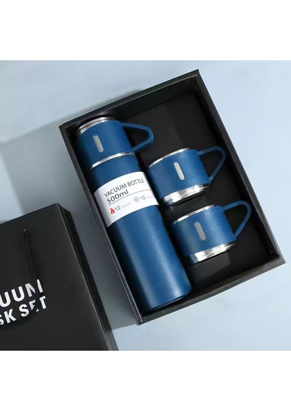 Paslanmaz Çelik Termos Siyah Renk 3 Bardaklı Termos Seti Vakumlu Termos Seti Içecek 500 ml Çelik Gri