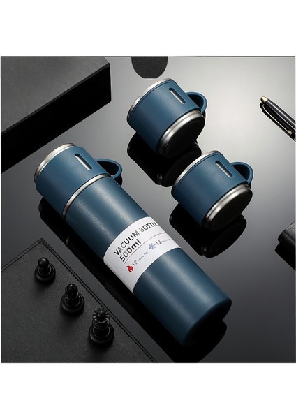 Paslanmaz Çelik Termos Siyah Renk 3 Bardaklı Termos Seti Vakumlu Termos Seti Içecek 500 ml Çelik Gri modelleri