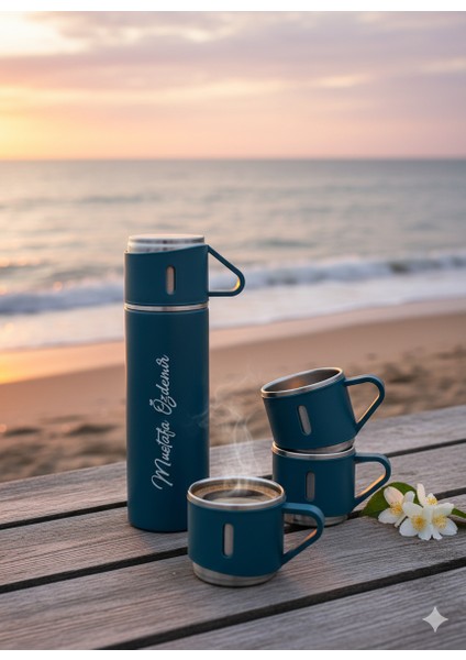 Bardaklı Çelik Termos 500ML Set 3 Bardaklı A+ Kalite Kahve Termosu Çantalı Hediye