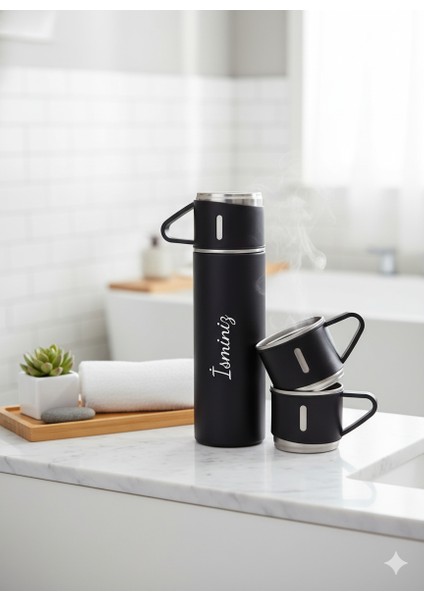 3 Bardaklı Kahve Termosu 500ML Set Paslanmaz Çelik Çay Termosu A+ Kalite Hediye Çantalı