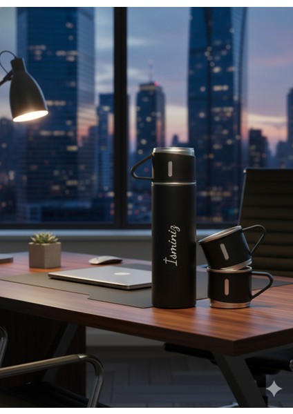 Outdoor Termos 500ML 3 Bardaklı Set Premium Çelik Kahve Termosu Sıcak Tutan Hediye Çantalı