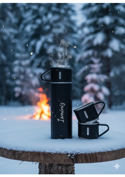 Çay Termosu 500ML 3 Bardaklı Premium Çelik Termos Kahve Termosu Sıcak Tutan Hediye Çantalı