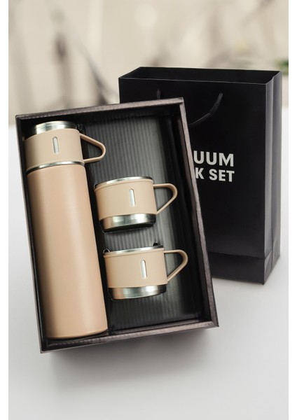 3 Bardaklı Kahve Termosu 500ML Set Paslanmaz Çelik Çay Termosu A+ Kalite Hediye Çantalı