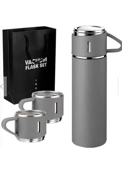 Paslanmaz Çelik Termos Siyah Renk 3 Bardaklı Termos Seti Vakumlu Termos Seti Içecek 500 ml Çelik Mav