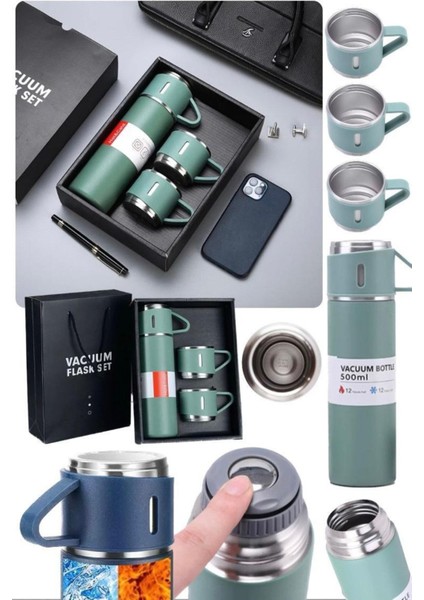 Termos Seti 500ML 3 Bardaklı A+ Kalite Paslanmaz Çelik Kahve Çay Termosu Çantalı Hediye fiyatları
