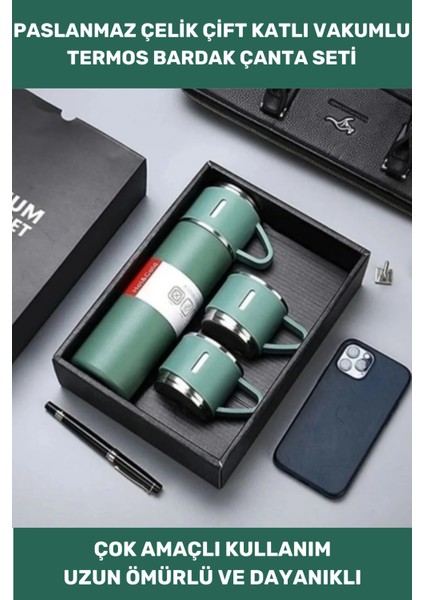 Döfier Paslanmaz Çelik Termos Sızdırmaz 3 Bardaklı Vakumlu Termos Seti 500 ml Özel Kutulu 450-550 M