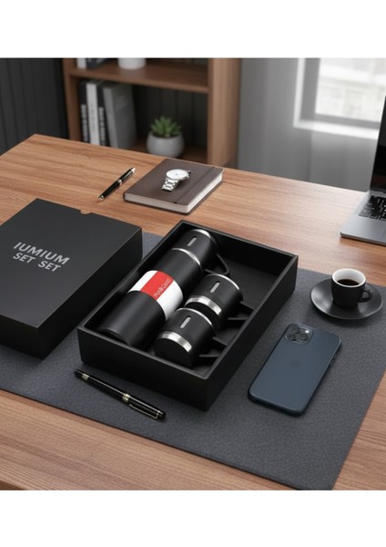 Paslanmaz Çelik Termos 3 Bardaklı Termos Seti Vakumlu Termos Set Çanta Hediyeli Içecek 500 ml Paslan