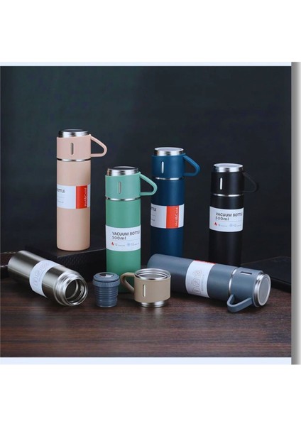 Termos 3 Bardaklı Vacuum Bottle Içecek 500 ml Paslanmaz Çelik Gri 12 Saat