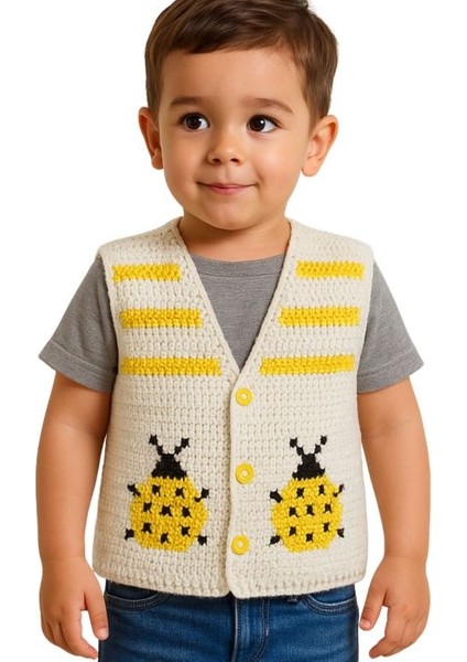 2323 El Örgüsü Uğur Böceği Desenli Örgü Yelek - 1 - 3 Yaş