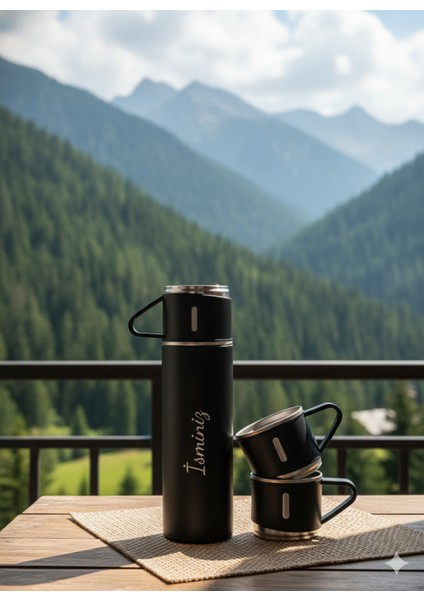 Çelik Termos 3 Bardaklı Vakumlu ve Yalıtımlı Kişiye Özel Üzerine Istediğiniz Yazı Isim Yazılır Içece