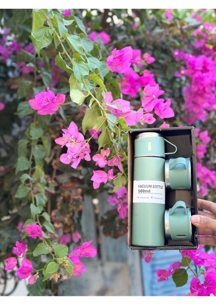 Kişiye Özel Isimli Çelik Hediyelik 3 Bardaklı Çantalı Termos Seti 500 ml Paslanmaz Çelik Siyah 12 Sa