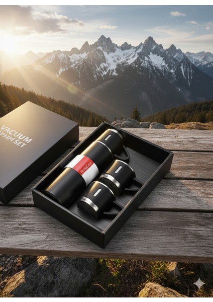 Paslanmaz Çelik Termos 3 Bardaklı Termos Seti Vakumlu Termos Set Çanta Hediyeli Içecek 500 ml Paslan