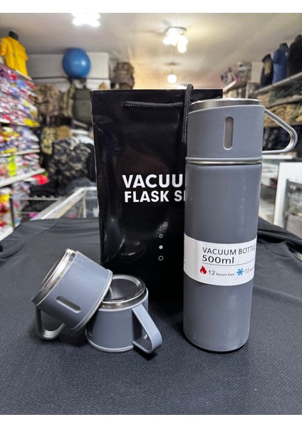 Termos Vacuum Çelik 3 Bardaklı 500 ml Içecek 12 Saat Kutulu 500 ml Çelik Gri Tr