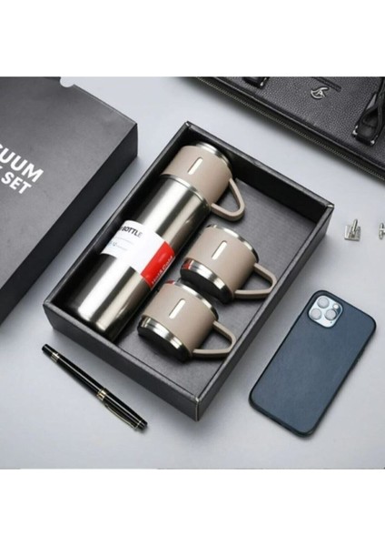 Premium 3 Bardaklı Çelik Termos Seti 500ML Paslanmaz Çelik Kahve Termosu Çay Termosu Hediye Çantalı