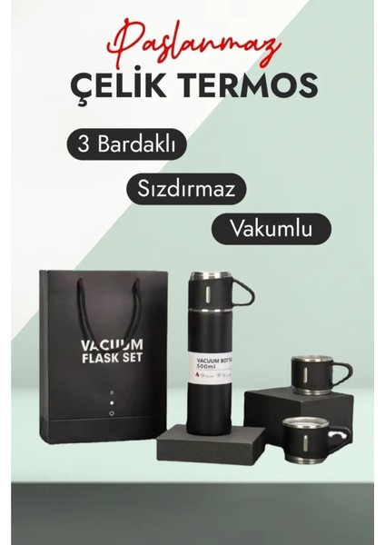 3 Bardaklı Paslanmaz Çelik Termos 500ML Premium A+ Kalite Kahve Termosu Çantalı Hediye