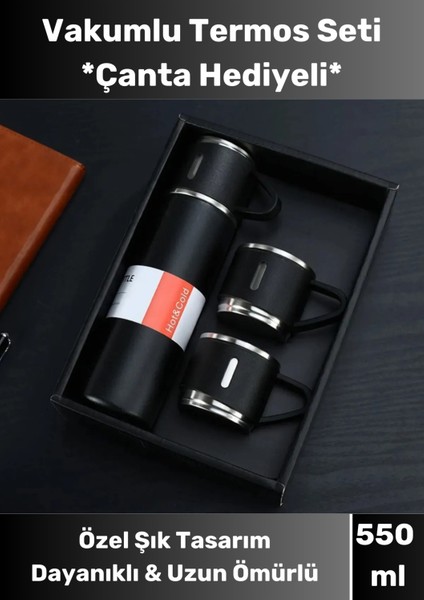 Özel Tasarım Paslanmaz Çelik 3 Bardaklı Termos Soğuk Sıcak Vakumlu Set Çanta Hediyeli 550 ml 450-550