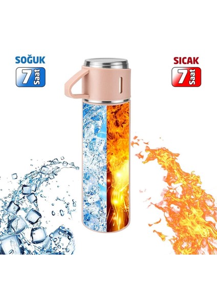 Paslanmaz Çelik Termos Siyah Renk 3 Bardaklı Termos Seti Vakumlu Termos Seti Içecek 500 ml Çelik Mav