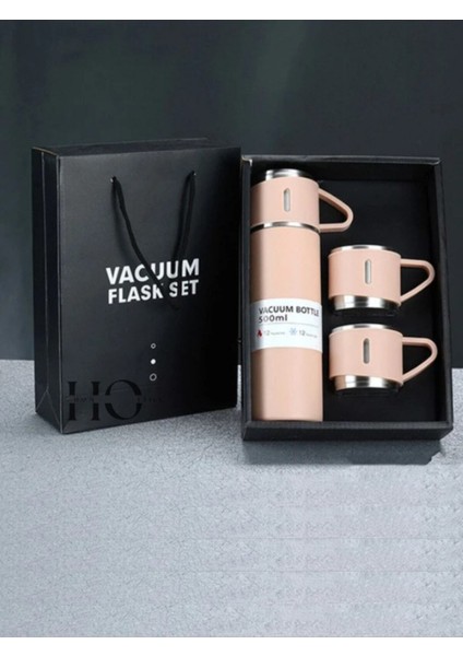Paslanmaz Çelik Termos Renk 3 Bardaklı Termos Seti Vakumlu Termos Set Çanta Hediyeli 500 ml Çelik Si