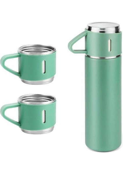 6007 Kupa Bardaklı Paslanmaz Çelik Termos Seti 500 ml - Kahverengi 3 Kişilik Çelik Kahverengi