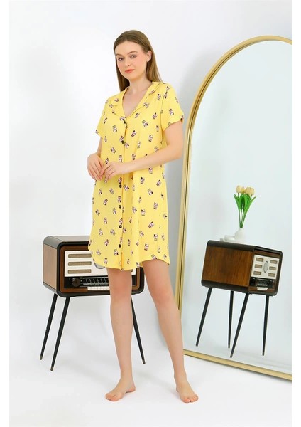 Kadın Pamuk Penye Kısa Kol Düğmeli Sarı Tunik Gecelik