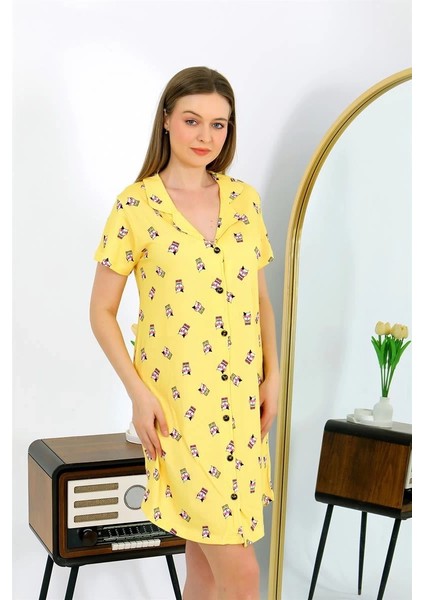Kadın Pamuk Penye Kısa Kol Düğmeli Sarı Tunik Gecelik fiyatları