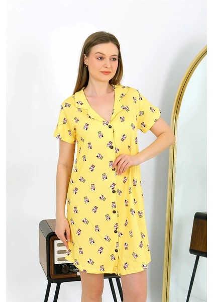 Kadın Pamuk Penye Kısa Kol Düğmeli Sarı Tunik Gecelik indirimleri