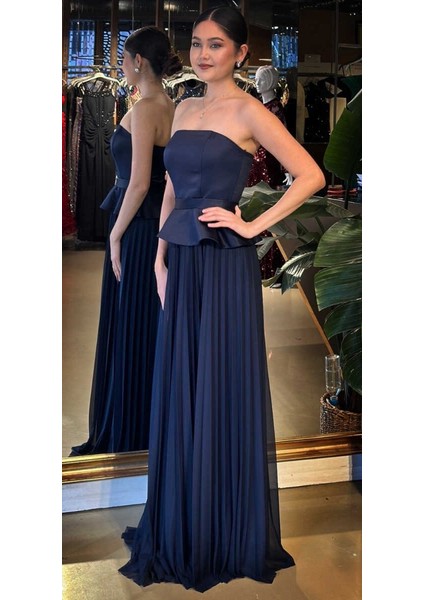 Lacivert Straplez Yaka Sırt Dekolteli Kloş Etekli Şifon Uzun Abiye Elbise 11140-01 fiyatları