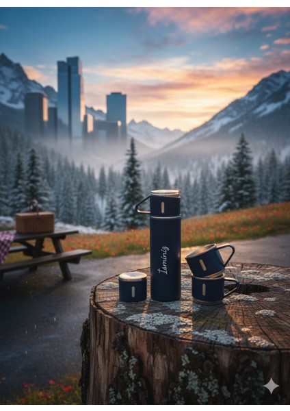 Paslanmaz Çelik Termos Mavi Renk 3 Bardaklı Termos Seti Vakumlu Termos Set Içecek 500 ml Paslanmaz Ç