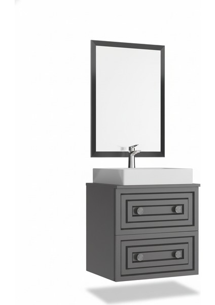 Perge 60 cm Lavabo Dolabı Mat Gri ve LED Ayna