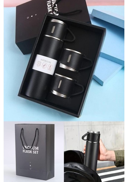 Kişiye Özel Isim ve Baskılı Logolu 3 Bardaklı Set Vakumlu Termos Çelik 0,50 L Mavi Tr